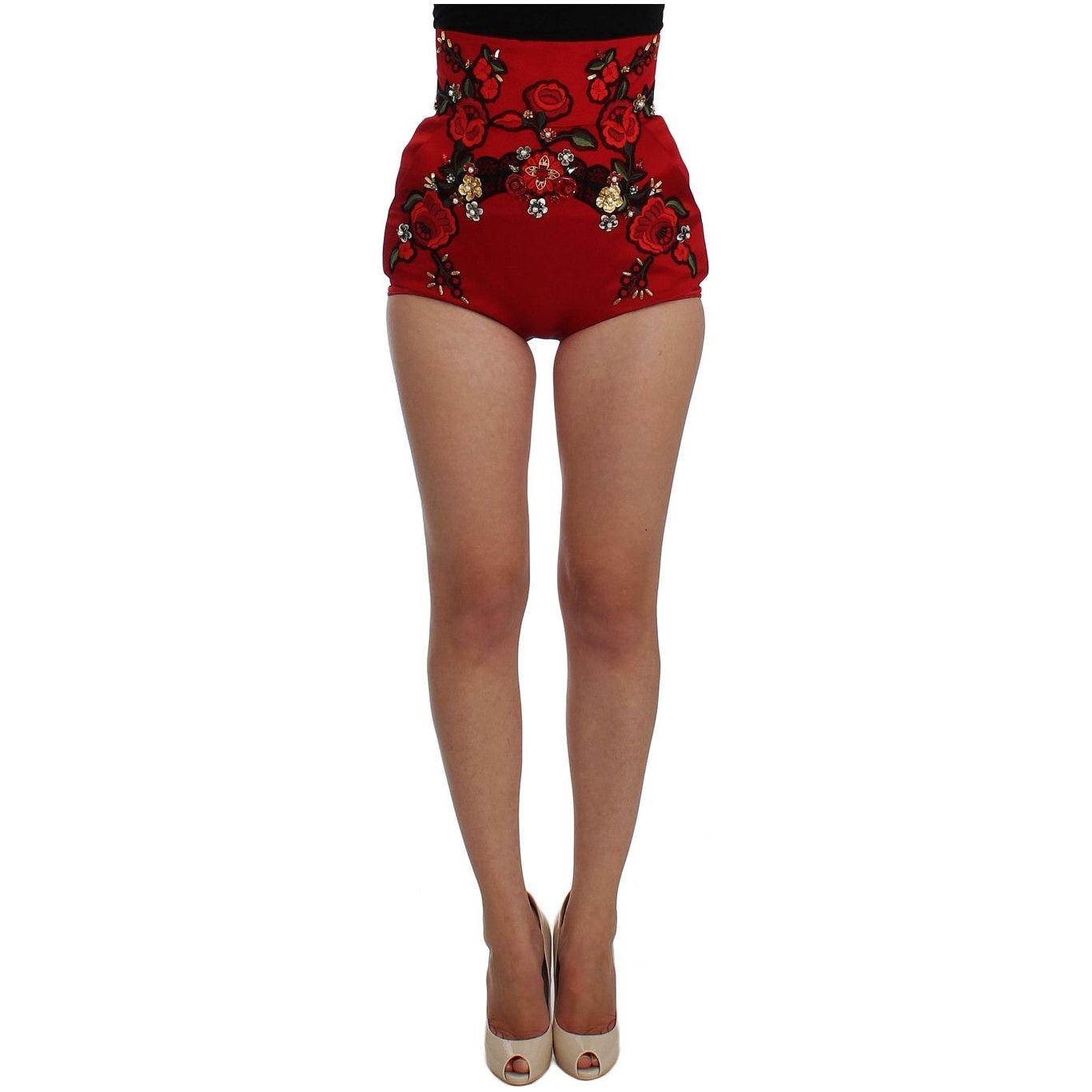 Dolce & Gabbana Red Silk Crystal Roses Shorts Dolce & Gabbana