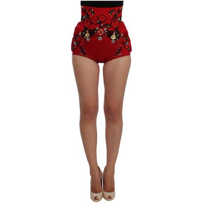 Dolce & Gabbana Red Silk Crystal Roses Shorts Dolce & Gabbana