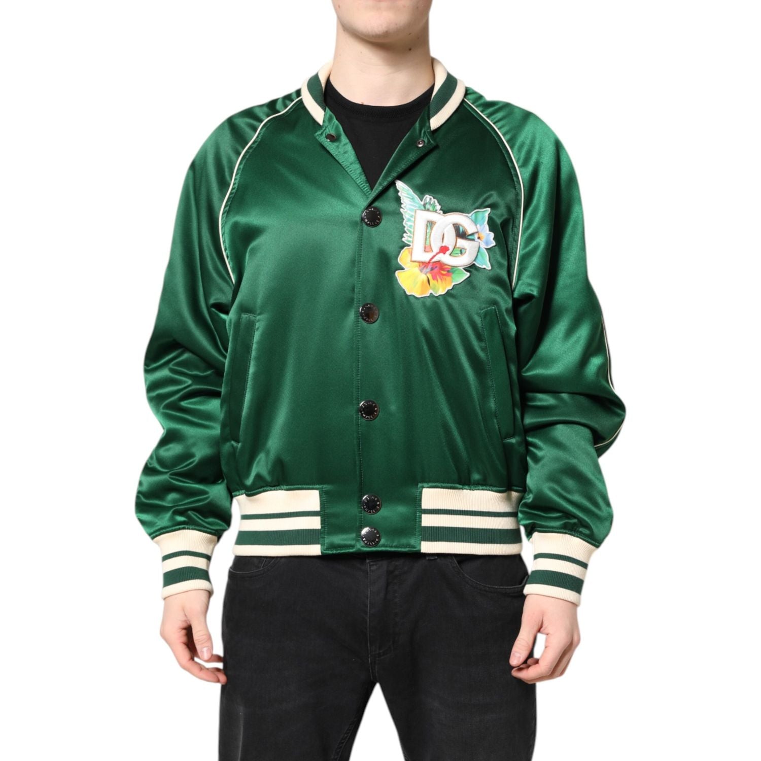 Dolce & Gabbana Green Floral DG Logo Full Zip Bomber Jacket
