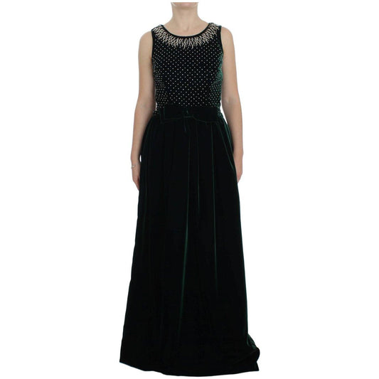 Dolce & Gabbana Green Velvet Crystal Long Maxi Dress Dolce & Gabbana