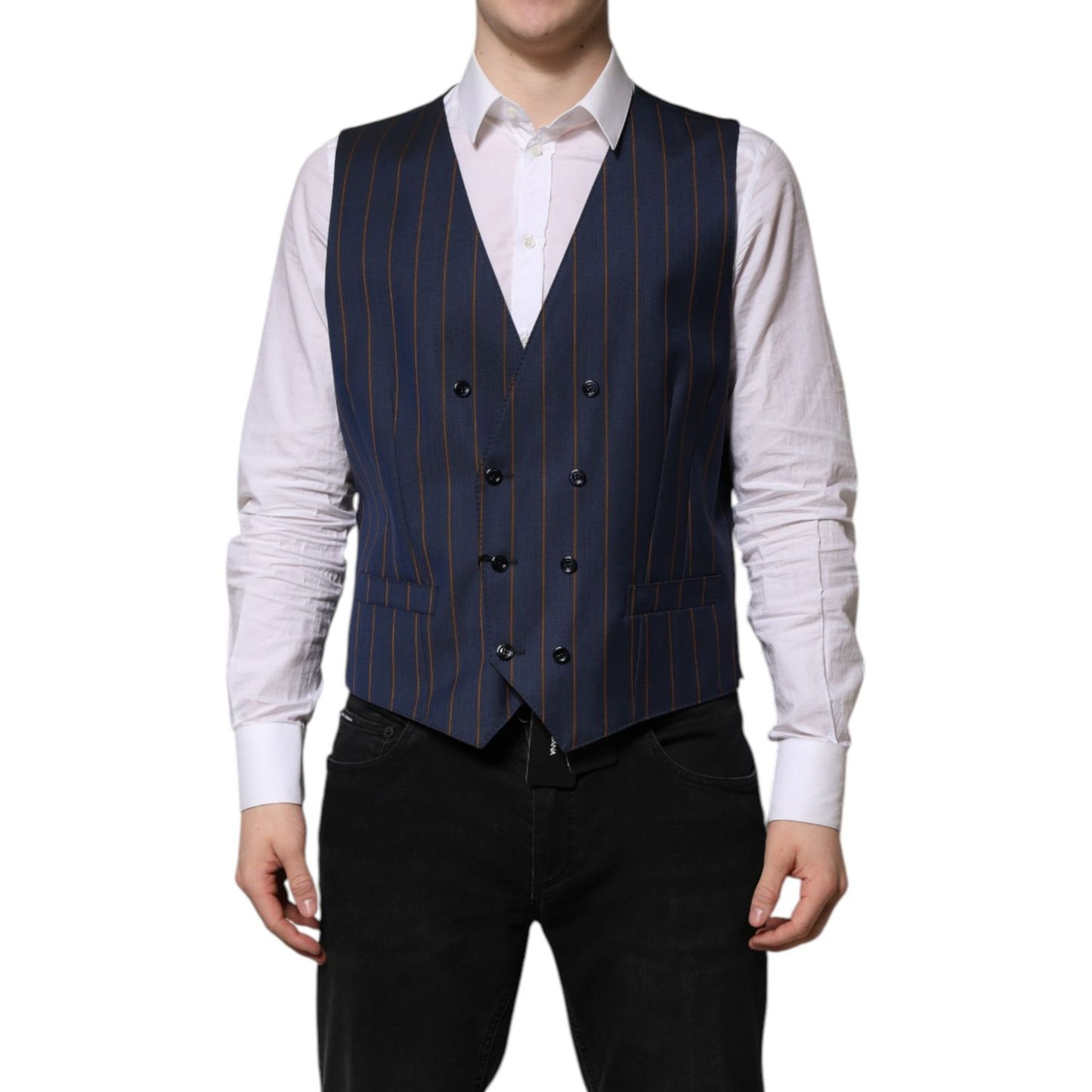 Dolce & Gabbana Blue Stripes Wool Formal Men Waistcoat Vest