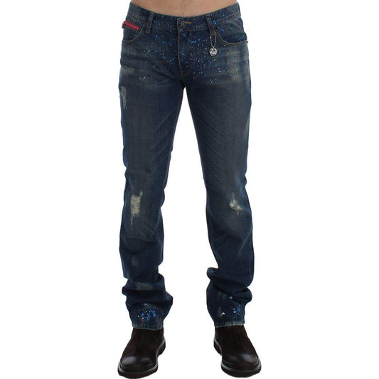 Costume National Blue Wash Paint Slim Fit Pants Jeans Costume National