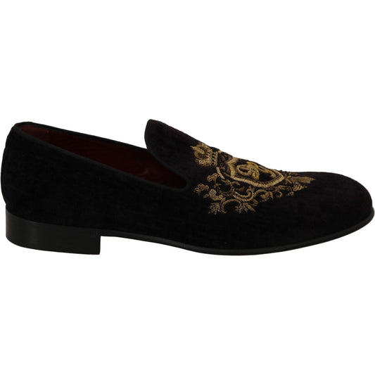 Dolce & Gabbana Loafers Black Velvet Gold Crown Dolce & Gabbana