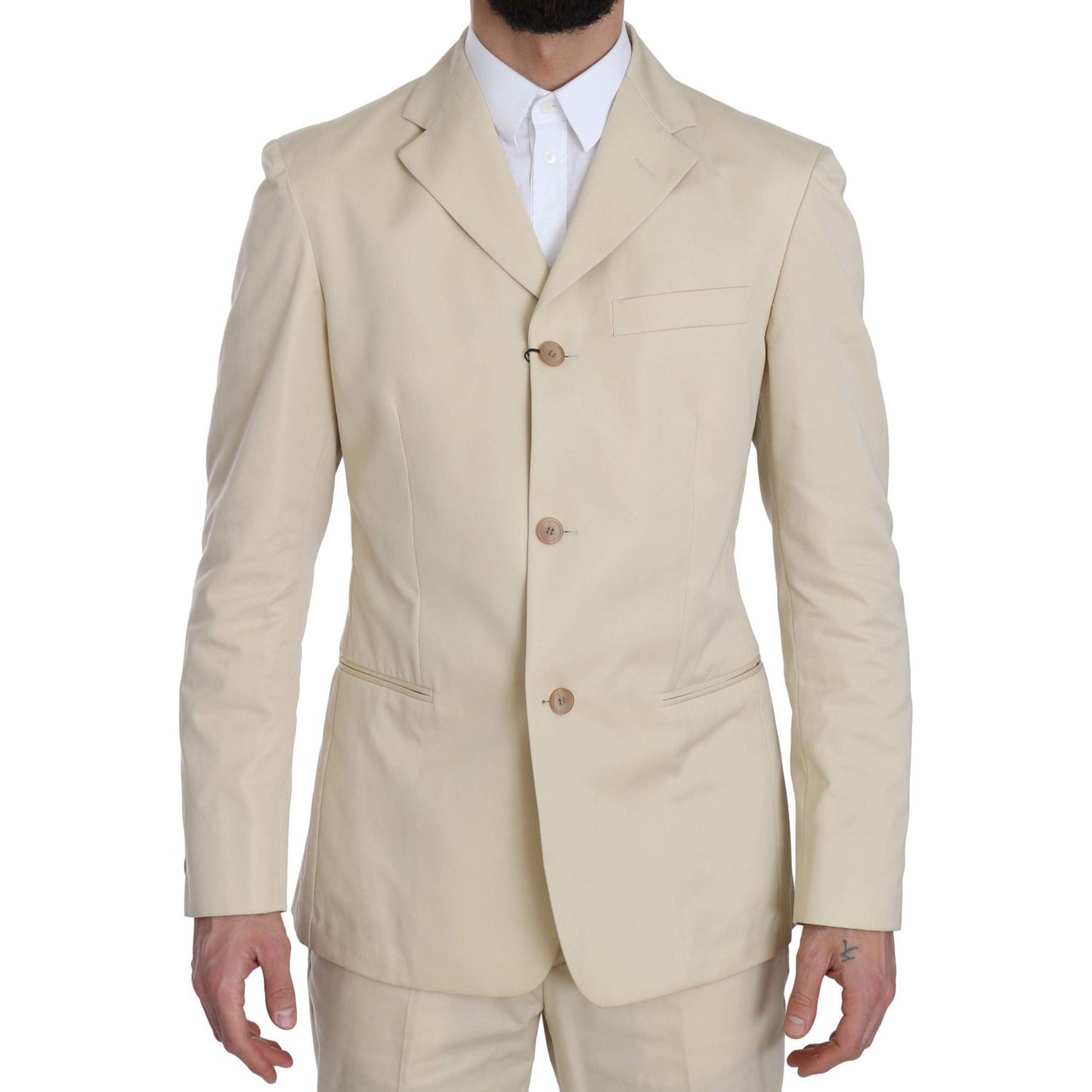 Romeo Gigli Two Piece 3 Button Beige Cotton Solid Suit Romeo Gigli