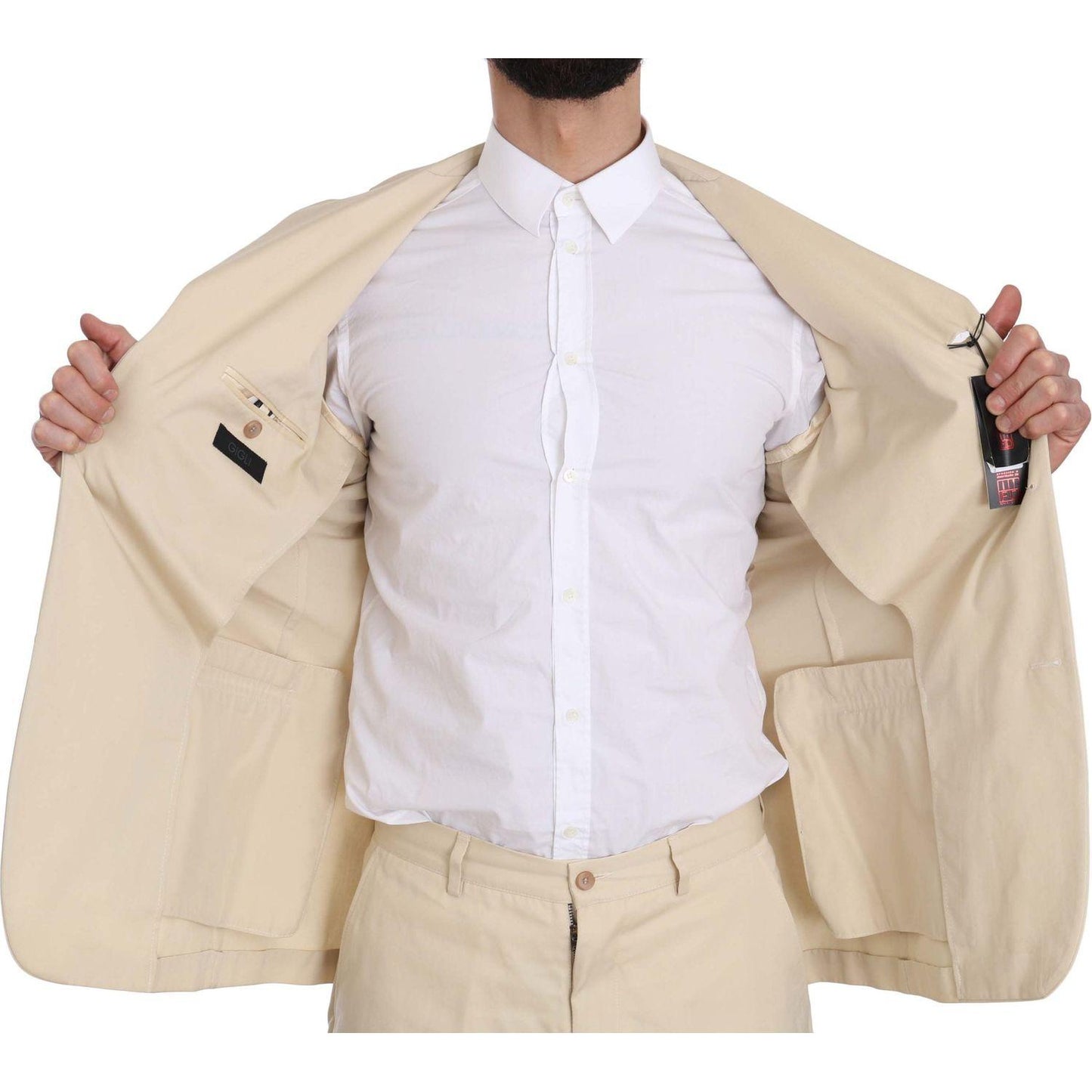 Romeo Gigli Two Piece 3 Button Beige Cotton Solid Suit Romeo Gigli