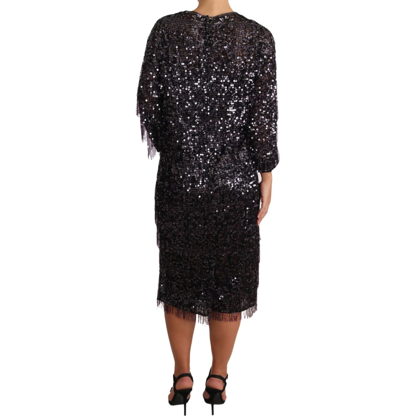 Dolce & Gabbana Black Sequined Long Sleeve Shift Midi Dress Dolce & Gabbana