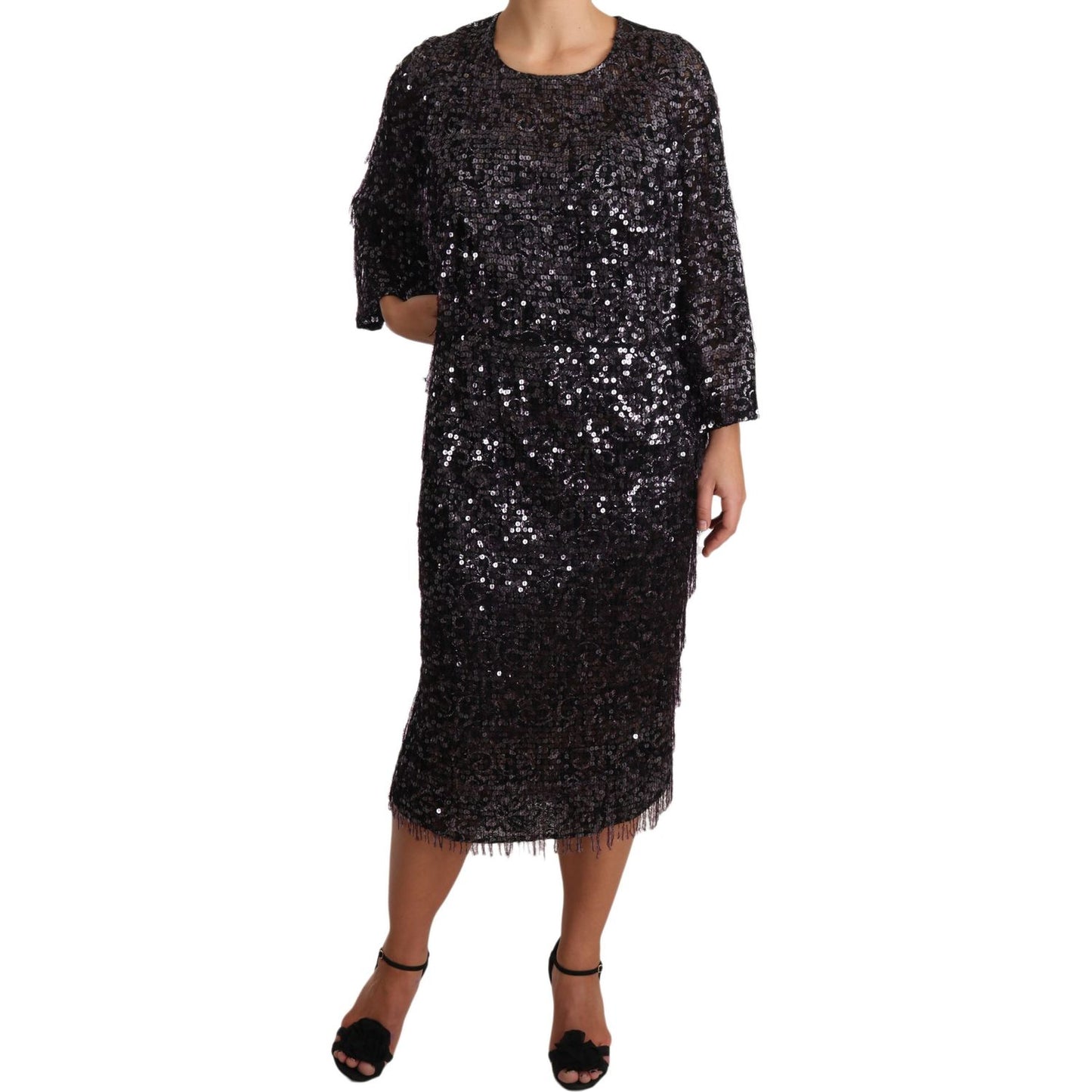 Dolce & Gabbana Black Sequined Long Sleeve Shift Midi Dress Dolce & Gabbana