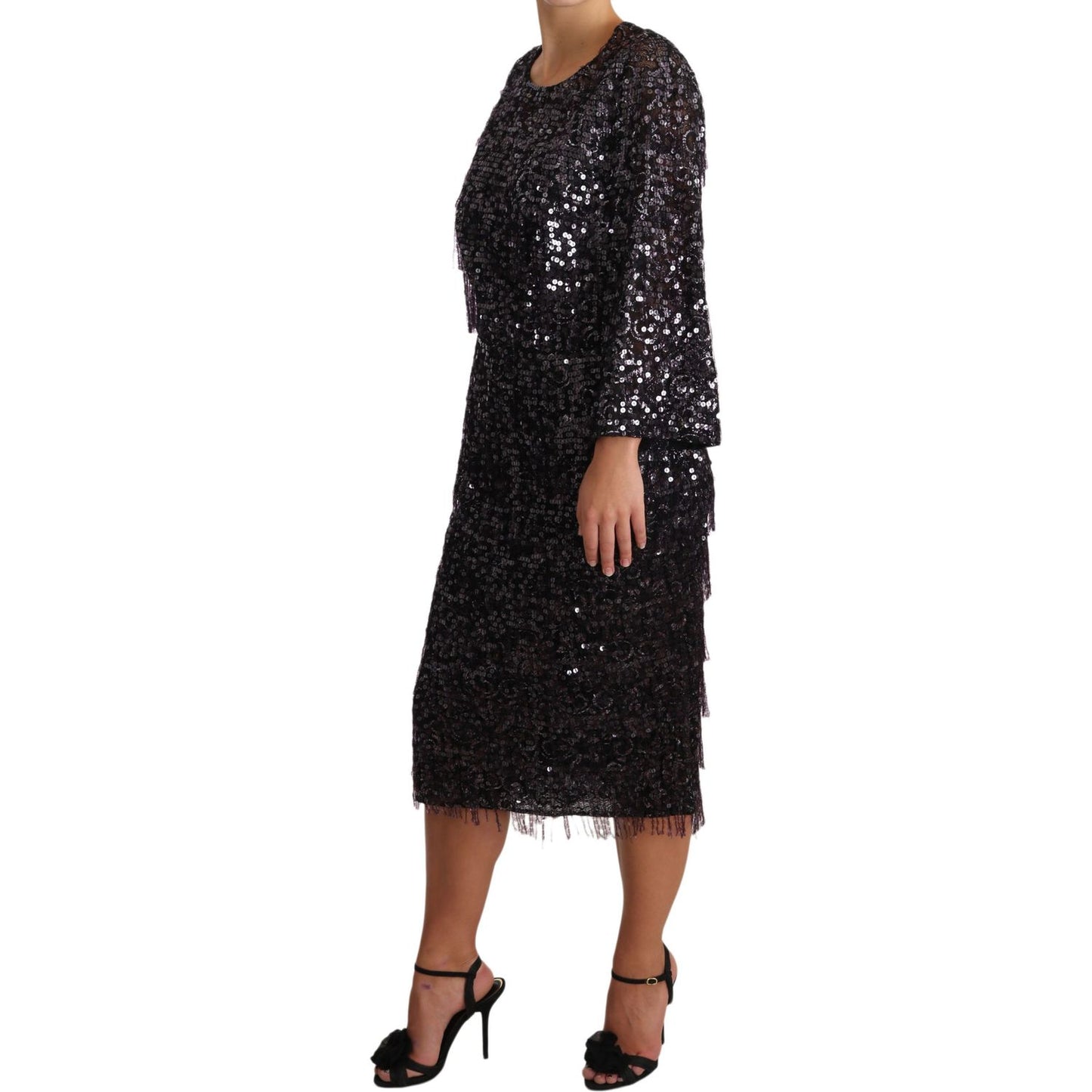 Dolce & Gabbana Black Sequined Long Sleeve Shift Midi Dress Dolce & Gabbana