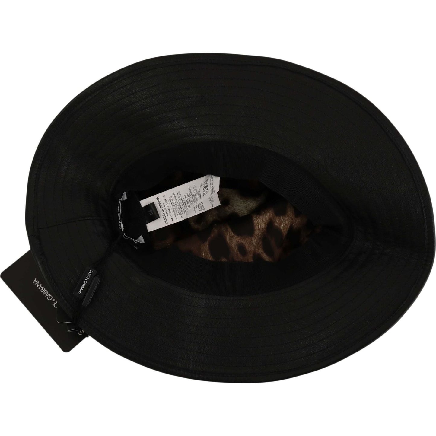 Dolce & Gabbana Black Leather DG Coin Crystal Wide Brim Hat Dolce & Gabbana