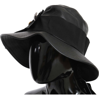 Dolce & Gabbana Black Leather DG Coin Crystal Wide Brim Hat Dolce & Gabbana