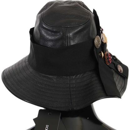 Dolce & Gabbana Black Leather DG Coin Crystal Wide Brim Hat Dolce & Gabbana