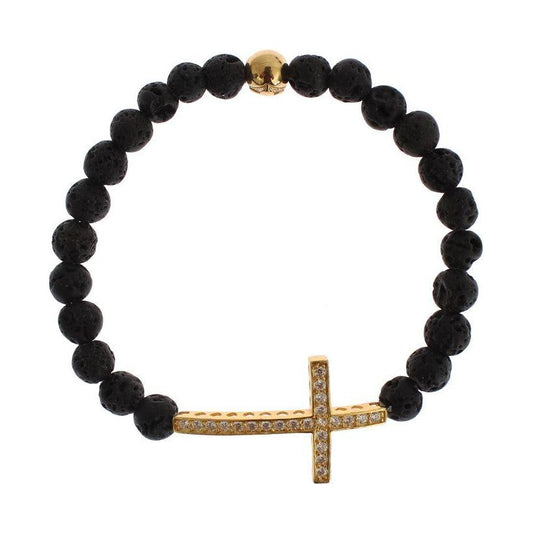Nialaya Lava Stone Gold Clear CZ Cross 925 Silver Bracelet Nialaya