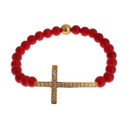 Nialaya Red Coral Gold CZ Cross 925 Silver Bracelet Nialaya