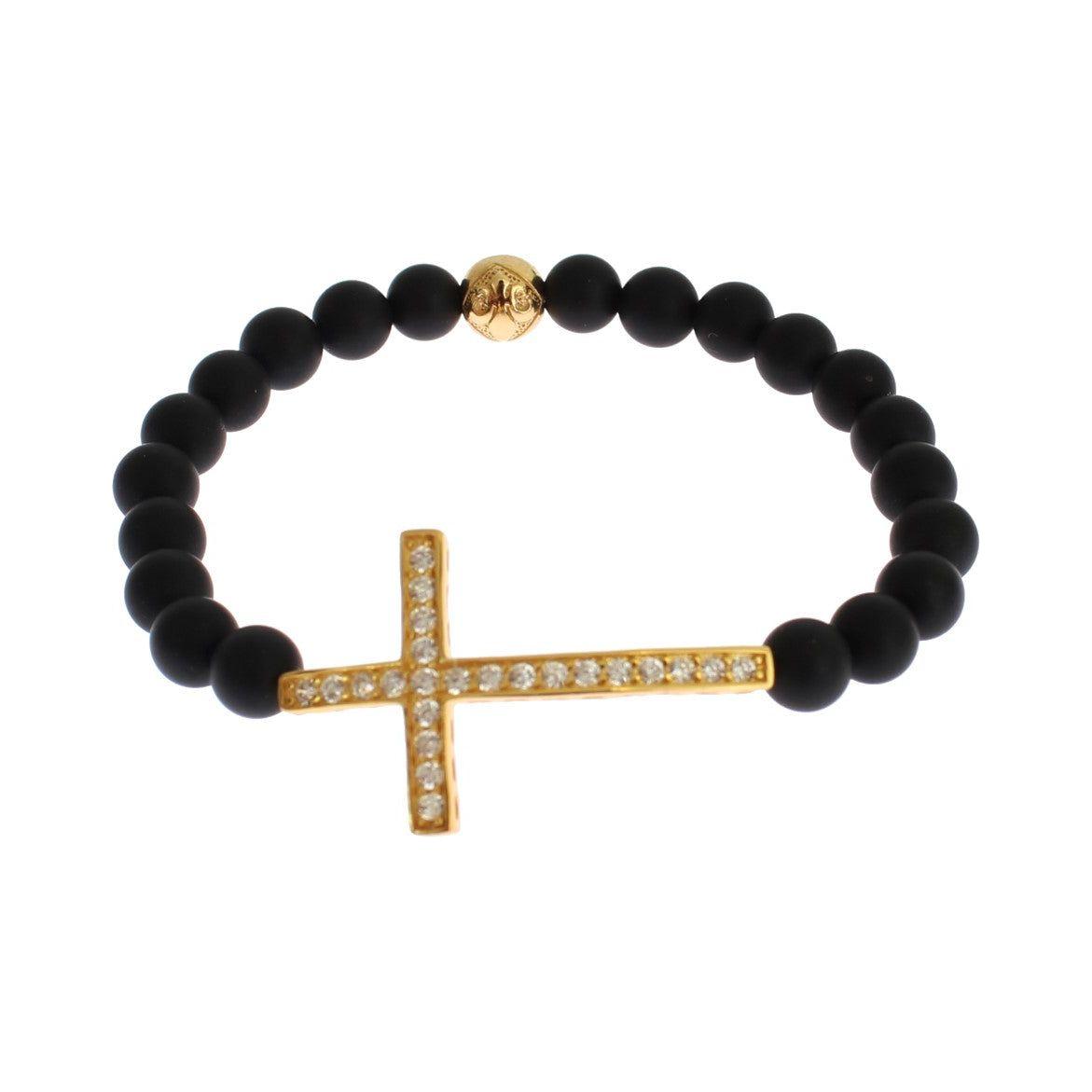 Nialaya Matte Onyx Stone Gold CZ Cross 925 Silver Bracelet Nialaya