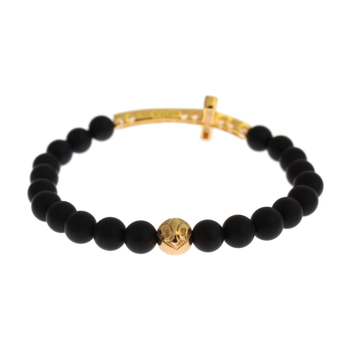 Nialaya Matte Onyx Stone Gold CZ Cross 925 Silver Bracelet Nialaya