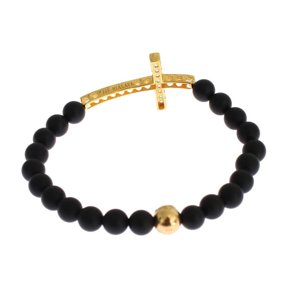 Nialaya Matte Onyx Stone Gold CZ Cross 925 Silver Bracelet Nialaya