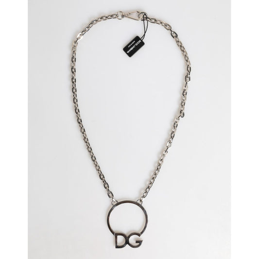 Dolce & Gabbana Silver Tone Brass Chain DG Logo Pendant Men Necklace SMY11218