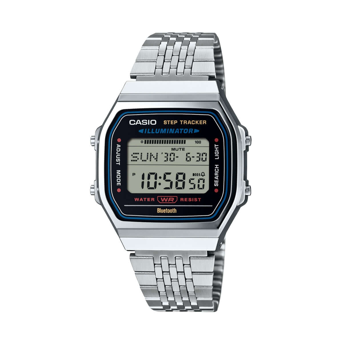 CASIO VINTAGE Mod. SILVER -BLUETOOTH® SMARTPHONE LINK w. built-in accelerometer senses body movements + steps counter CASIO COLLECTION & VINTAGE