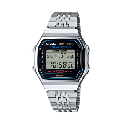 CASIO VINTAGE Mod. SILVER -BLUETOOTH® SMARTPHONE LINK w. built-in accelerometer senses body movements + steps counter CASIO COLLECTION & VINTAGE