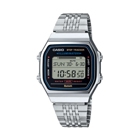 CASIO VINTAGE Mod. SILVER -BLUETOOTH® SMARTPHONE LINK w. built-in accelerometer senses body movements + steps counter CASIO COLLECTION & VINTAGE