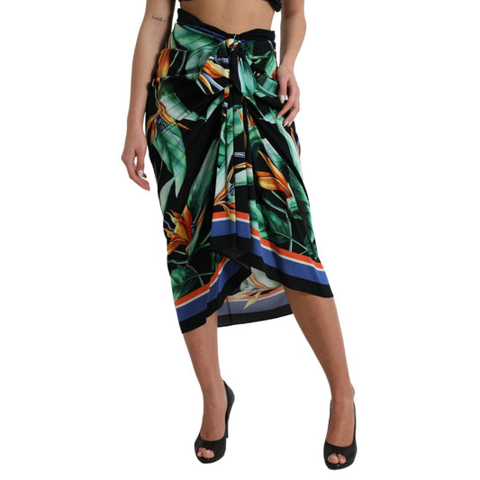 Dolce & Gabbana Black Strelitzia High Waist Wrap Midi Skirt Dolce & Gabbana