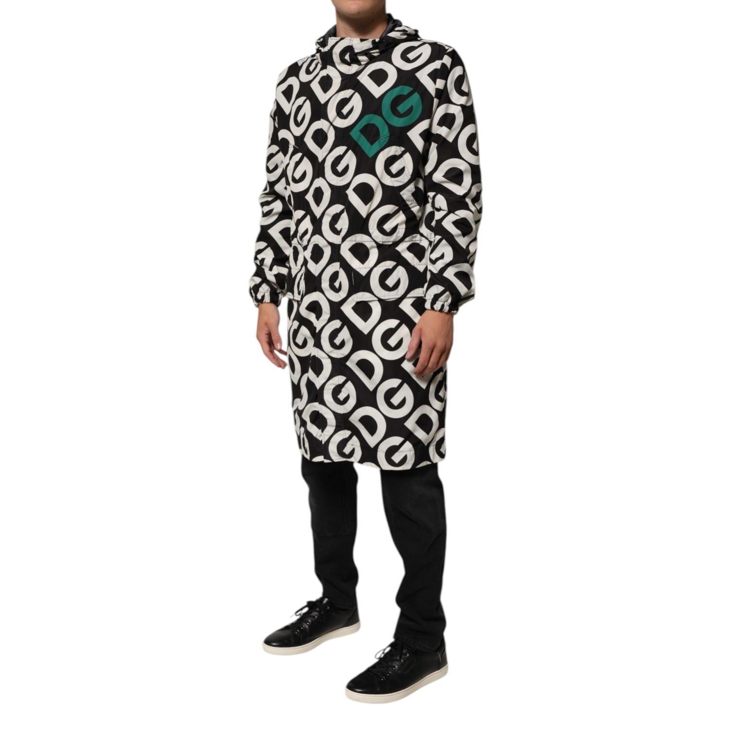 Dolce & Gabbana Black White Logo Print Hooded Coat Men Jacket