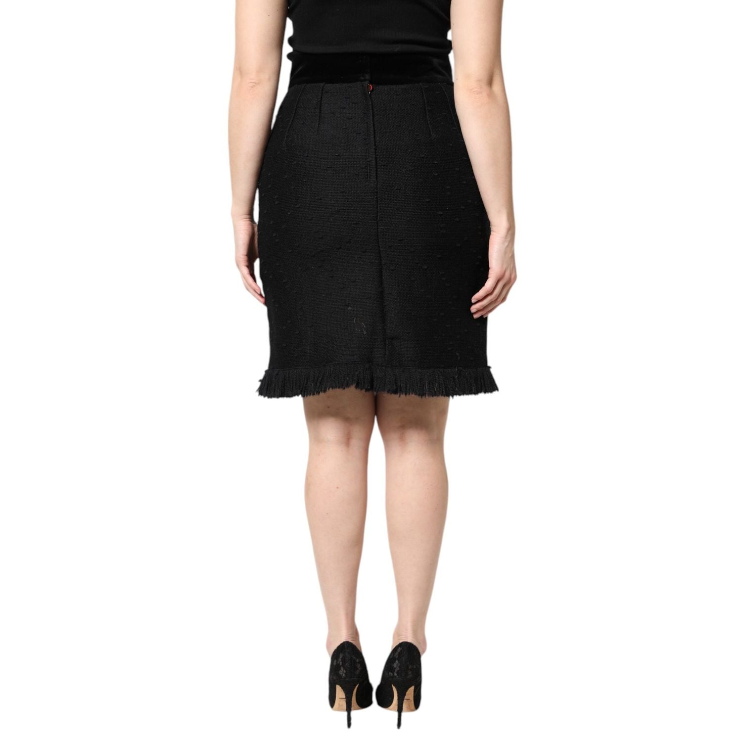 Dolce & Gabbana Black Wool Fringe High Waist Pencil Mini Skirt