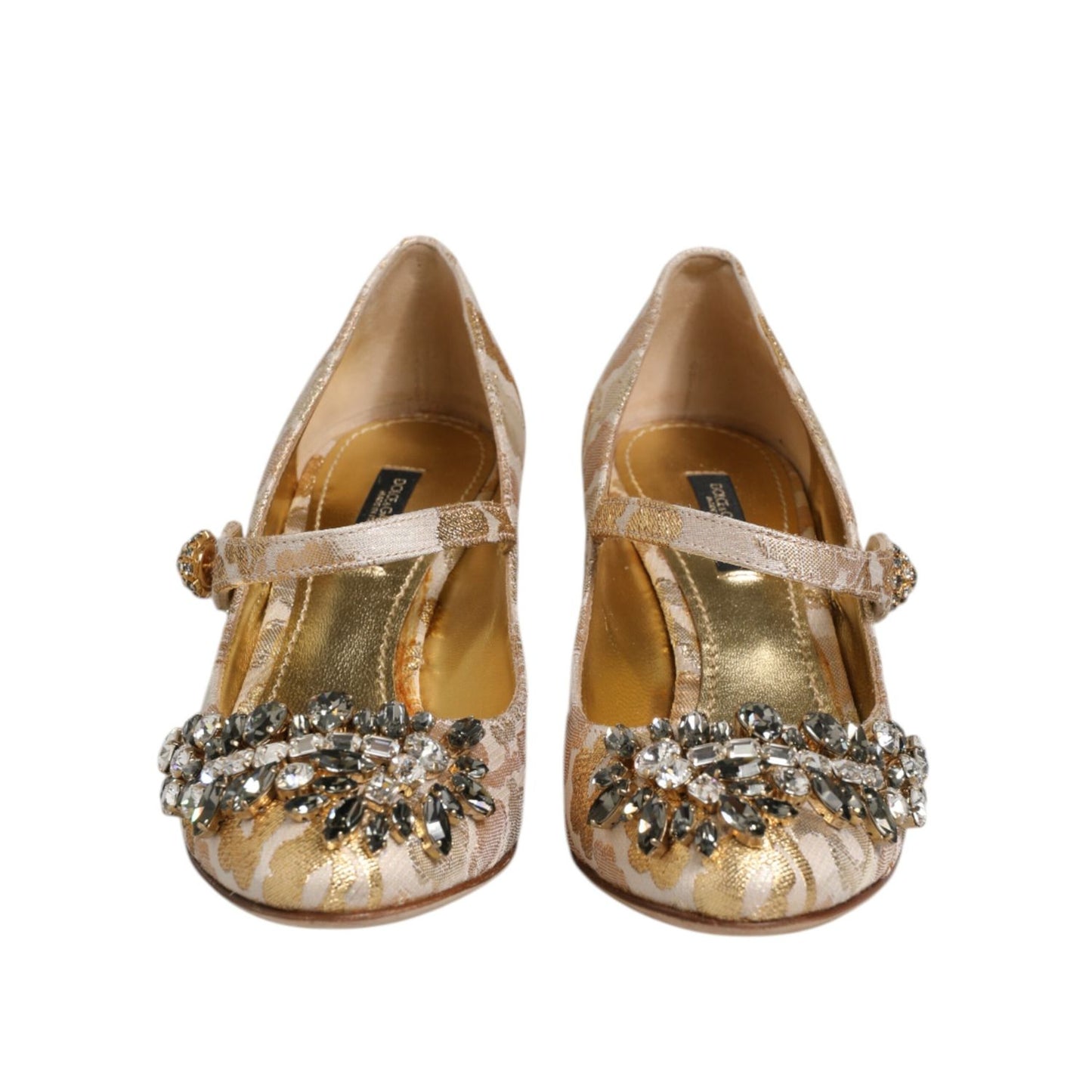 Dolce & Gabbana Gold Jacquard Crystal Mary Janes Pumps Shoes