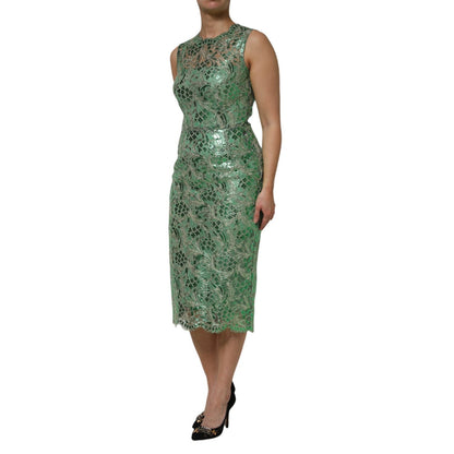 Dolce & Gabbana Green Cotton Floral Lace Sheath Midi Dress