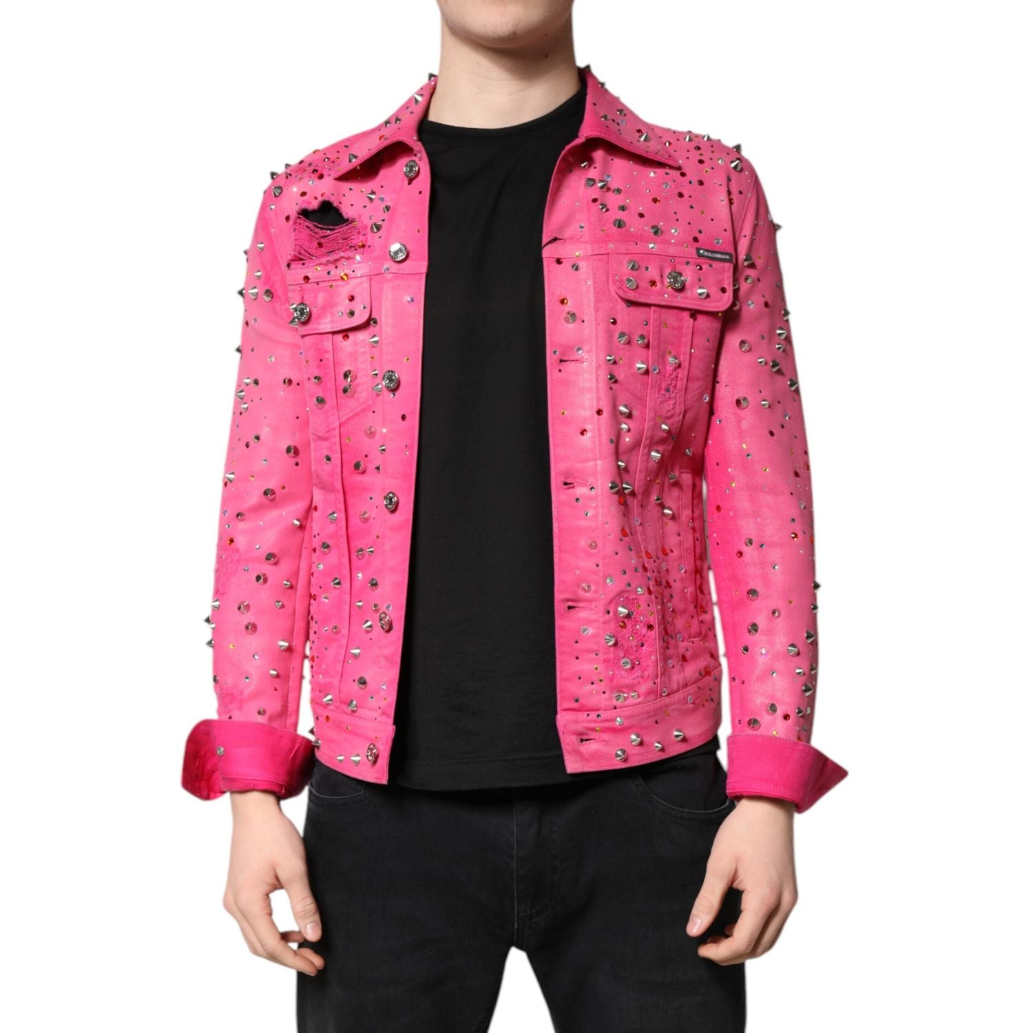 Dolce & Gabbana Pink Crystal Embellished Cotton Denim Jacket