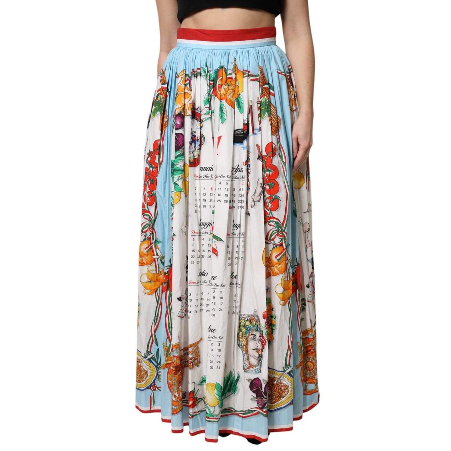 Dolce & Gabbana White Calendar Print Cotton Gathered Maxi Skirt Dolce & Gabbana
