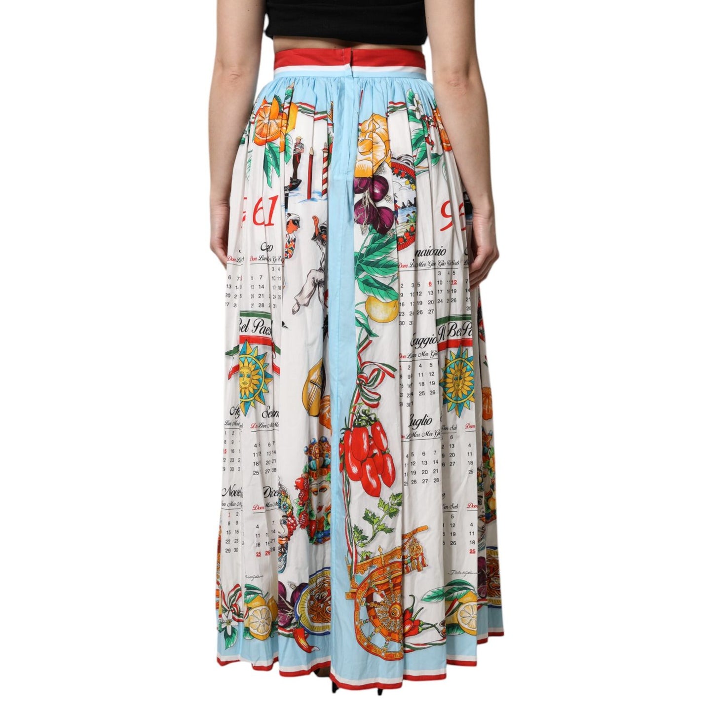Dolce & Gabbana White Calendar Print Cotton Gathered Maxi Skirt Dolce & Gabbana