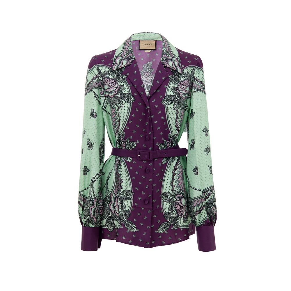 Gucci Green Silk Pattern Shirt 1728,67397976224,Clothing,Green,Gucci,IT44|L,New with tags,Pattern - Shirts - Clothing,Shirts - Clothing,Women