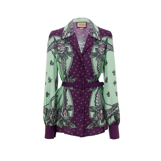 Gucci Green Silk Pattern Shirt 1728,67397976224,Clothing,Green,Gucci,IT44|L,New with tags,Pattern - Shirts - Clothing,Shirts - Clothing,Women
