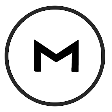 Bold letter M inside a black circle on white background